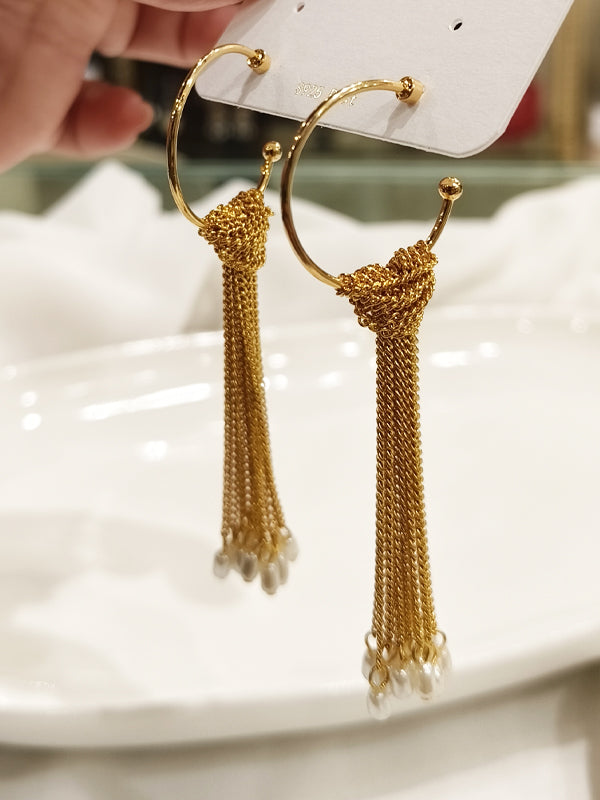 Golden Hoop Earrings with Chain & Pearl 