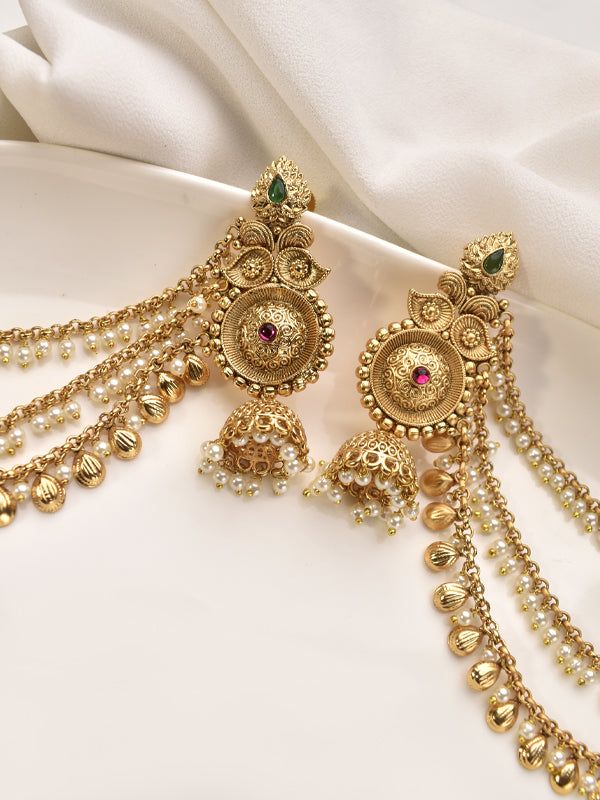 Golden Jhumka with Green and Red Stone 