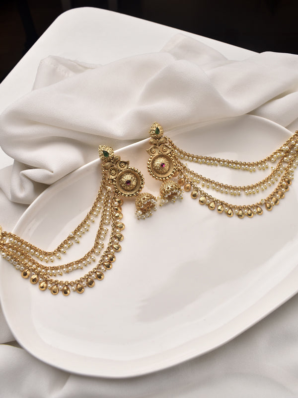 Golden Jhumka with Green and Red Stone | Beads Chain Style Jhumka