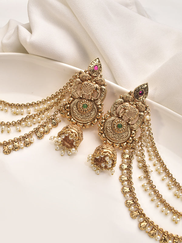 Golden Jhumka with Red and Green Stone 