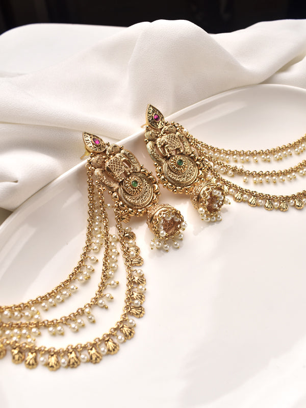 Golden Jhumka with Red and Green Stone | Beads Chain Style Jhumka