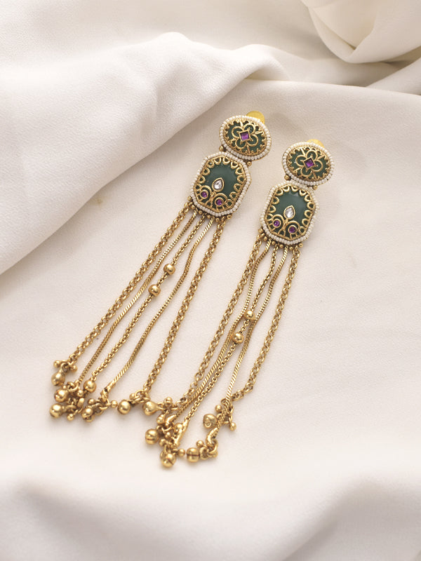 Golden Jhumkas with Green Gemstones 