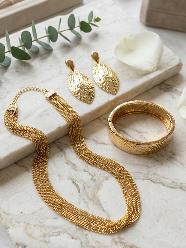 Golden Multi-Strand Fluid Chain, Earring and Bracelet Combo