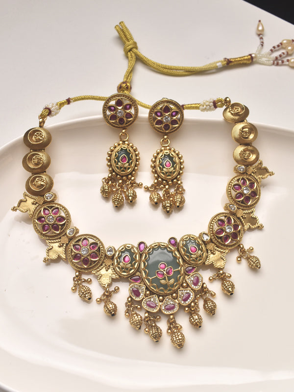 Golden Necklace with Pink and Green Gemstones 