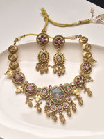 Load image into Gallery viewer, Golden Necklace with Pink and Green Gemstones 
