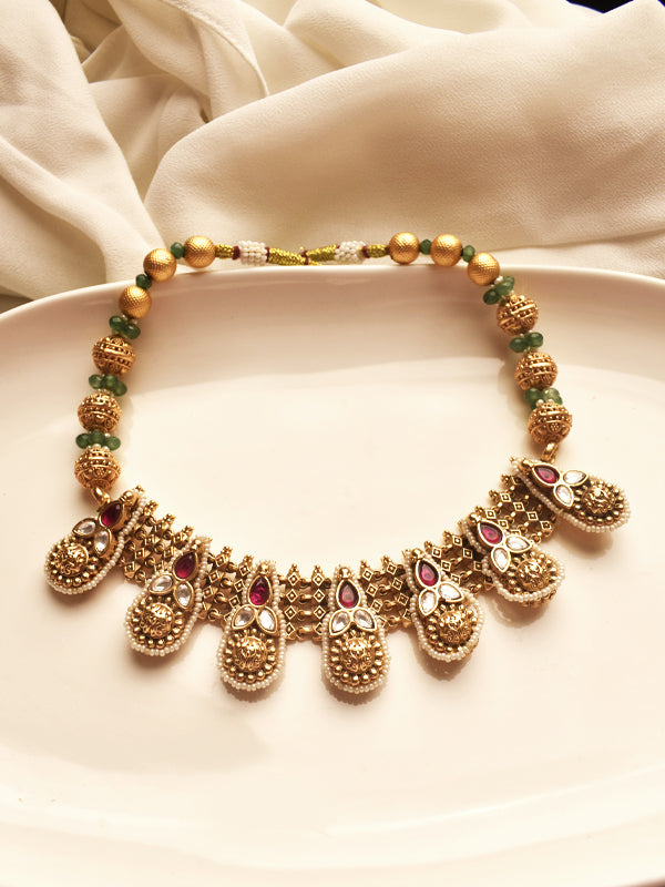 Golden Necklace with Beads and Gemstones 