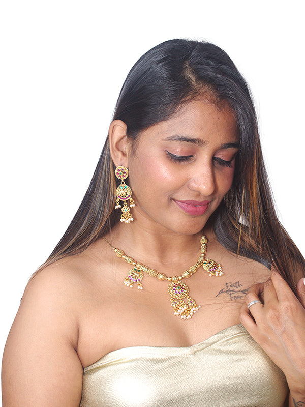 Golden Necklace with Elephant Design Pendant | Golden Necklace with Pink and Green accents