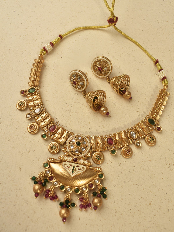 Golden Necklace with Green, Red, and White Stones