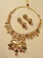 Load image into Gallery viewer, Golden Necklace with Green, Red, and White Stones
