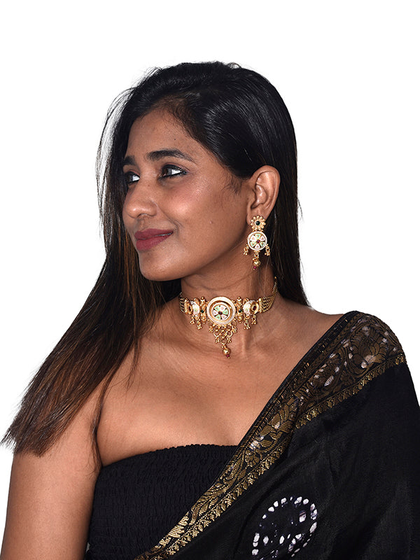 Golden Necklace with Green and Red Stones 