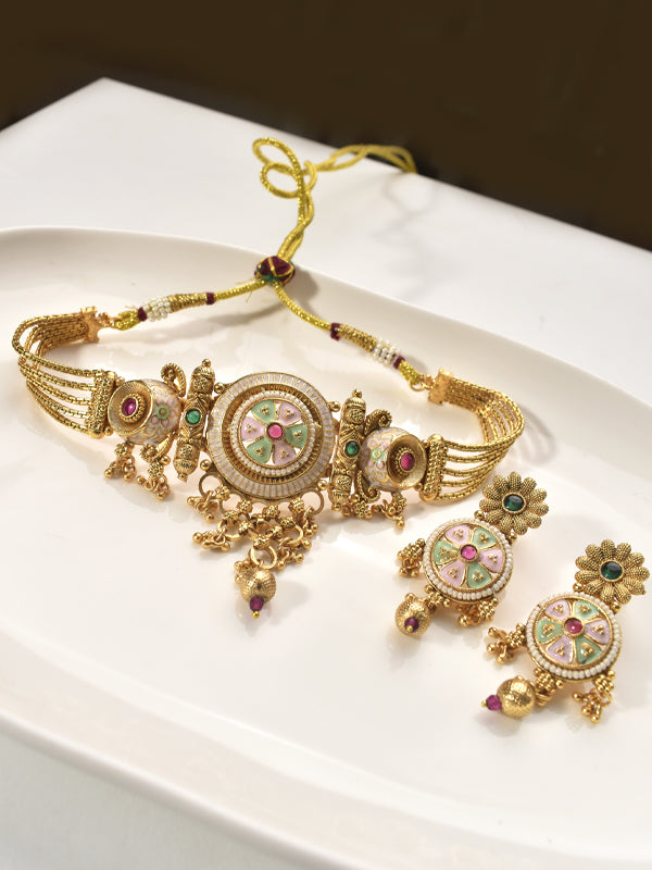Golden Necklace with Green and Red Stones | Traditional Necklace Set with Green Stones