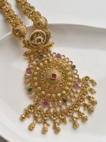 Load image into Gallery viewer, Golden_Necklace_with_Green_and_pink_Stones
