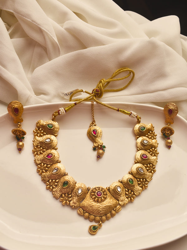 Golden Necklace with Red and Green Gemstones 