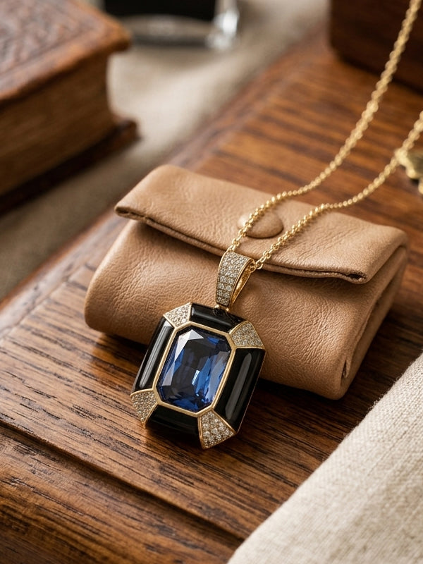 Golden Necklace with a Blue Gemstone Pendant Set