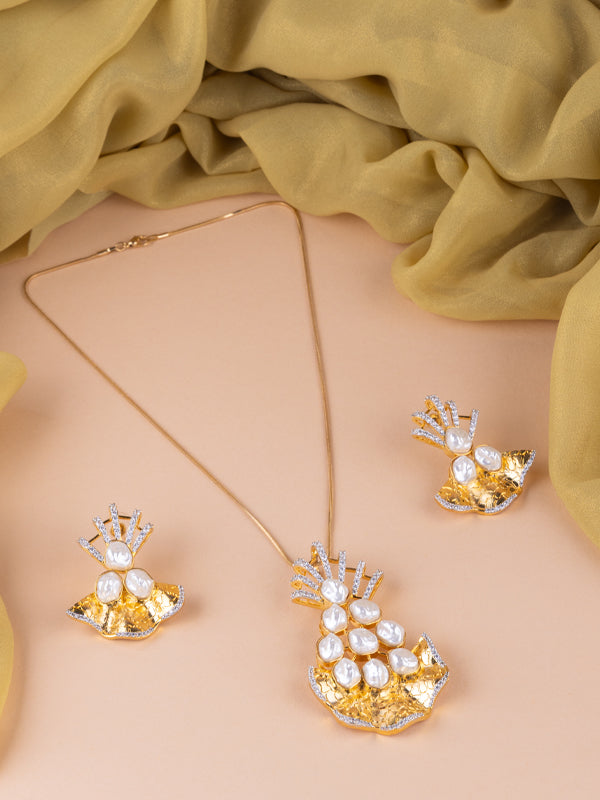 Golden Pendant with Pearl and Stone | Stylish Pendant Set