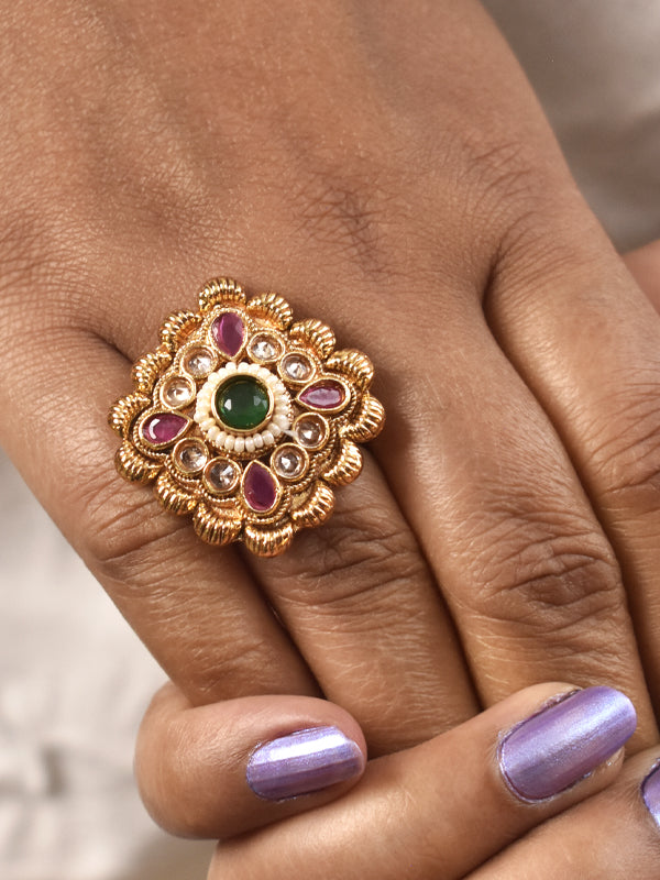 Decorative Golden Ring with Pink, and Green Stones 