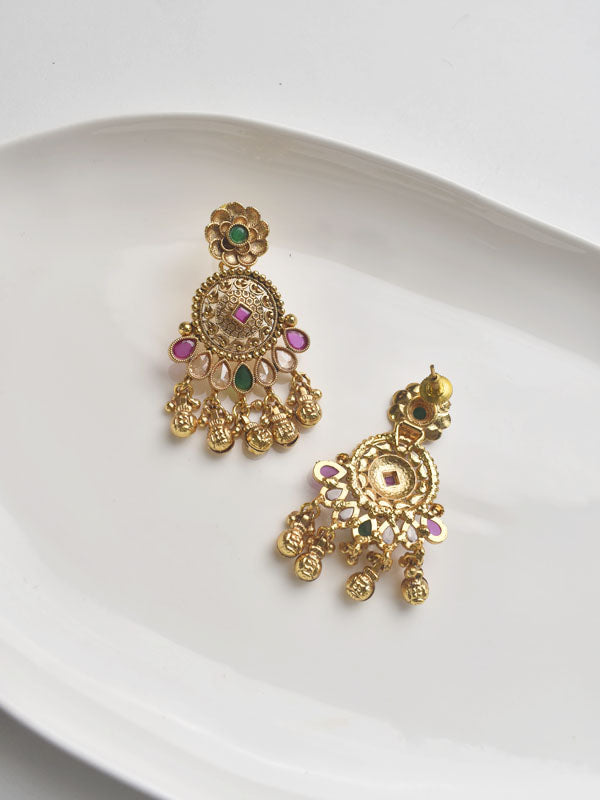 Golden earrings with colorful stones 