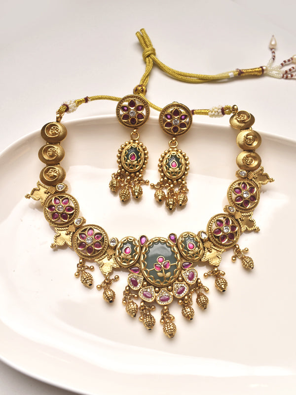 Golden Necklace with Pink and Green Gemstones 