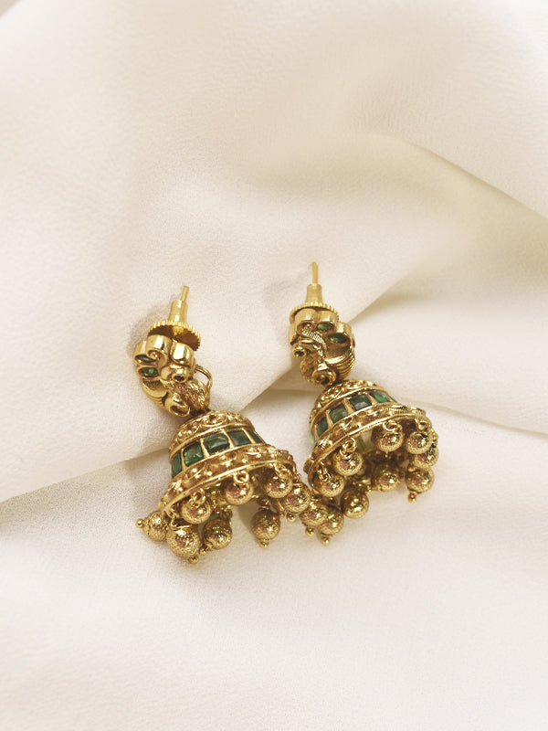 Golden Polish Jhumkas | Green Stone Jhumkas