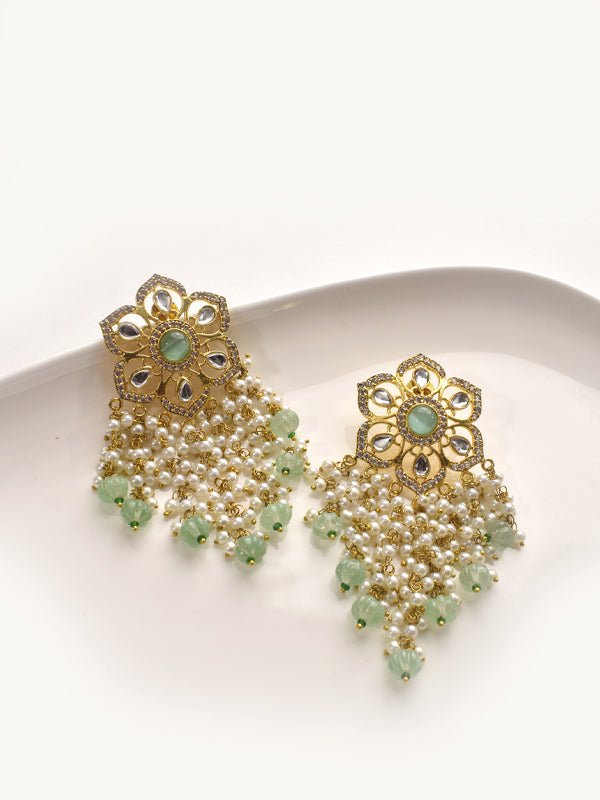 Green Earrings with Pearl-like Beads 