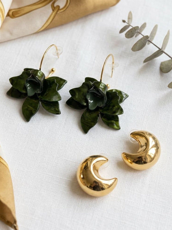 Green Leaf-Shaped Minimalist Earrings | Golden Moon Stud Earring