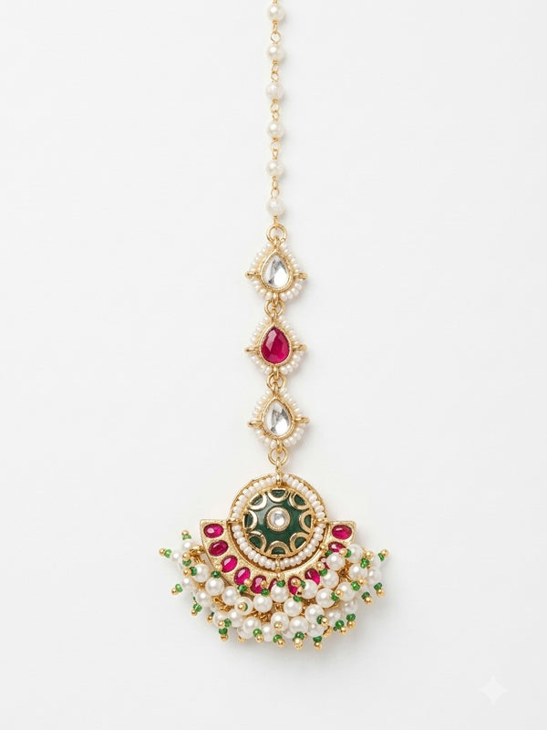 Green Meenakari & Ruby Red Stone Bridal Kundan Maang Tikka