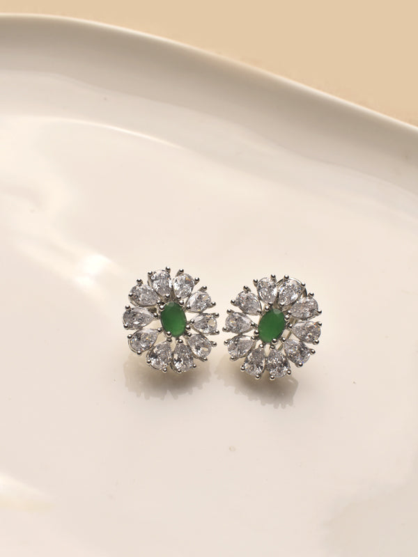 Green Stone AD Earrings | Silver Stud with Green Gemstones