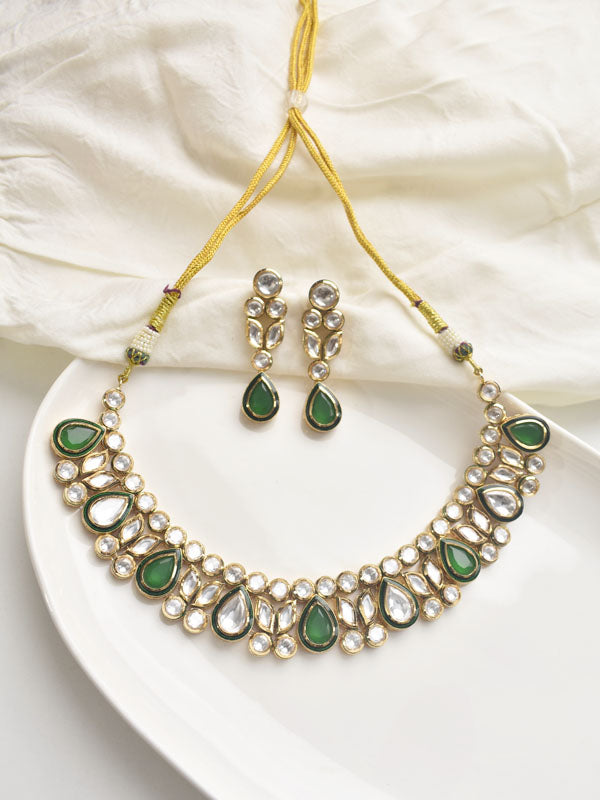 Green and White Kundan Necklace Set 