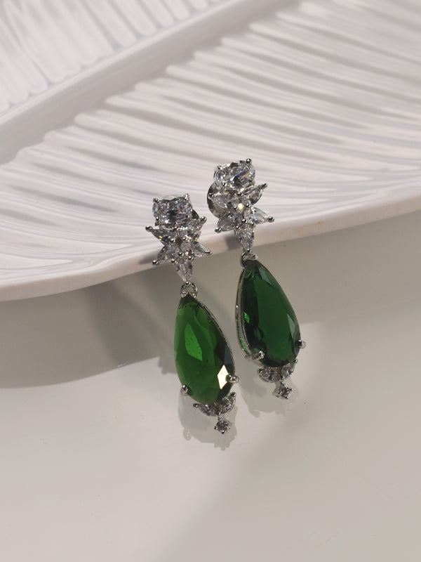 Green teardrop earrings with silver accents 