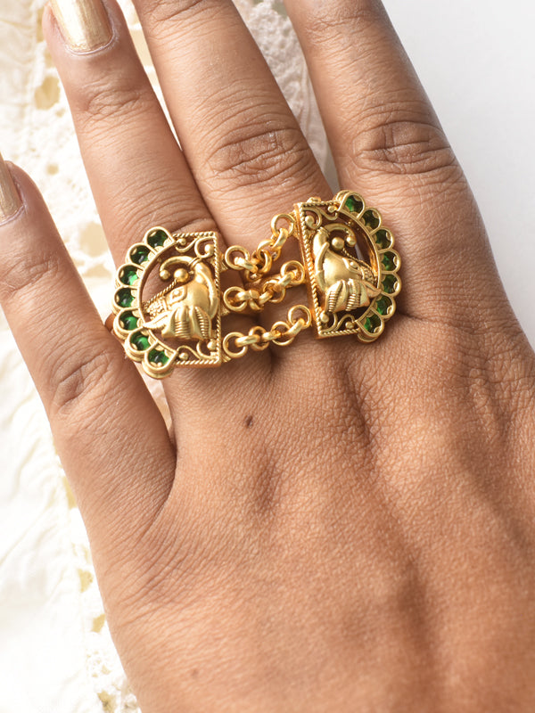 Hand carved elephant figural double band ring | royal temple motif linked two finger ring