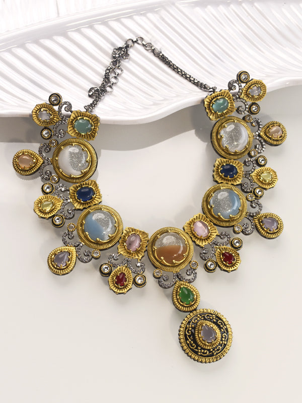 Royal Multicolor Stone Necklace Set | Indo-Western with Colourful fancy Stones