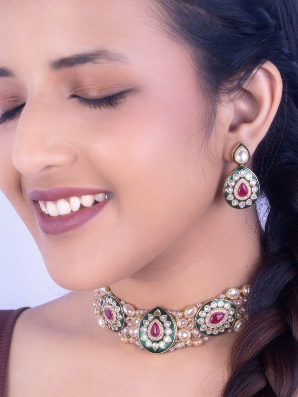 Heavy Kundan Necklace Set with Red Stone | Bridal Kundan Necklace Set