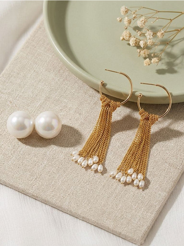 Hoop Earrings with Chain & Pearl | White Pearl Stud Earrings