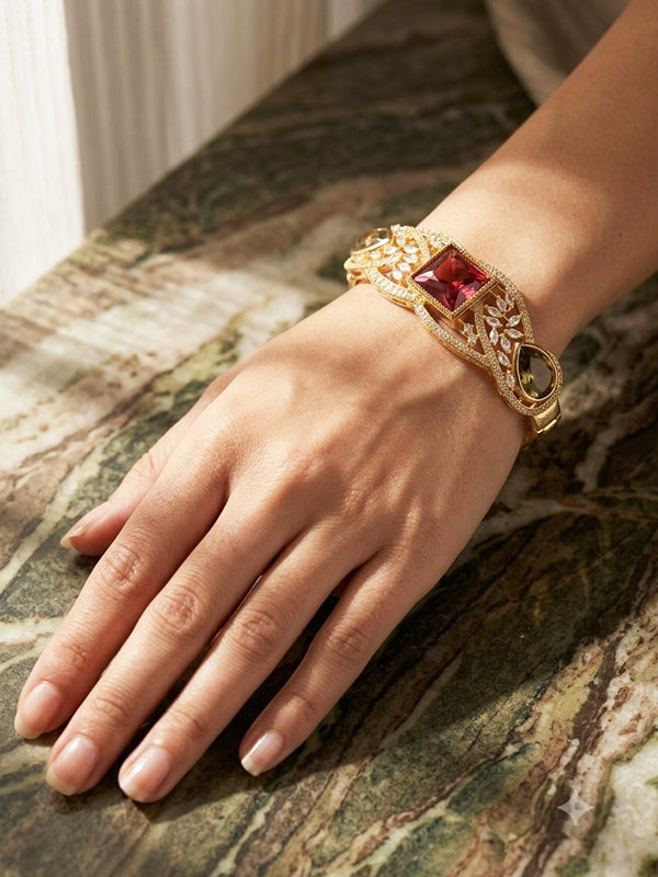 Imperial Ruby & Olive Crystal Filigree Bracelet | Big Red Gemstone Bracelet