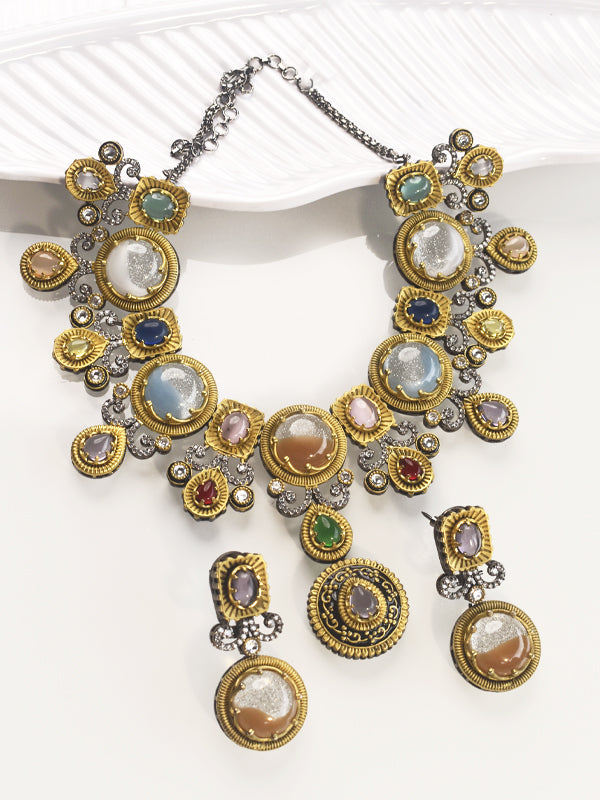 Royal Multicolor Stone Necklace Set | Indo-Western with Colourful fancy Stones