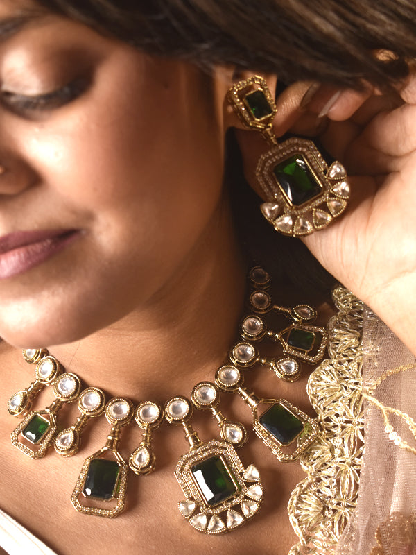 Kundan Necklace Set with Green Stone