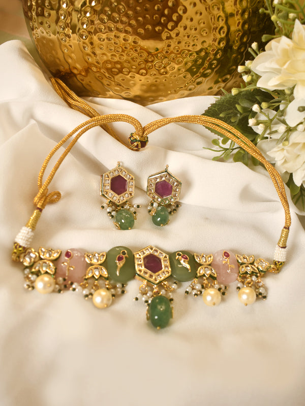 Kundan Necklace Set with Pink and Green Stone