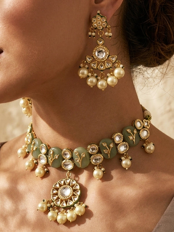 Kundan Choker with Pearl | Green Choker with Motifs and Pearl Drops