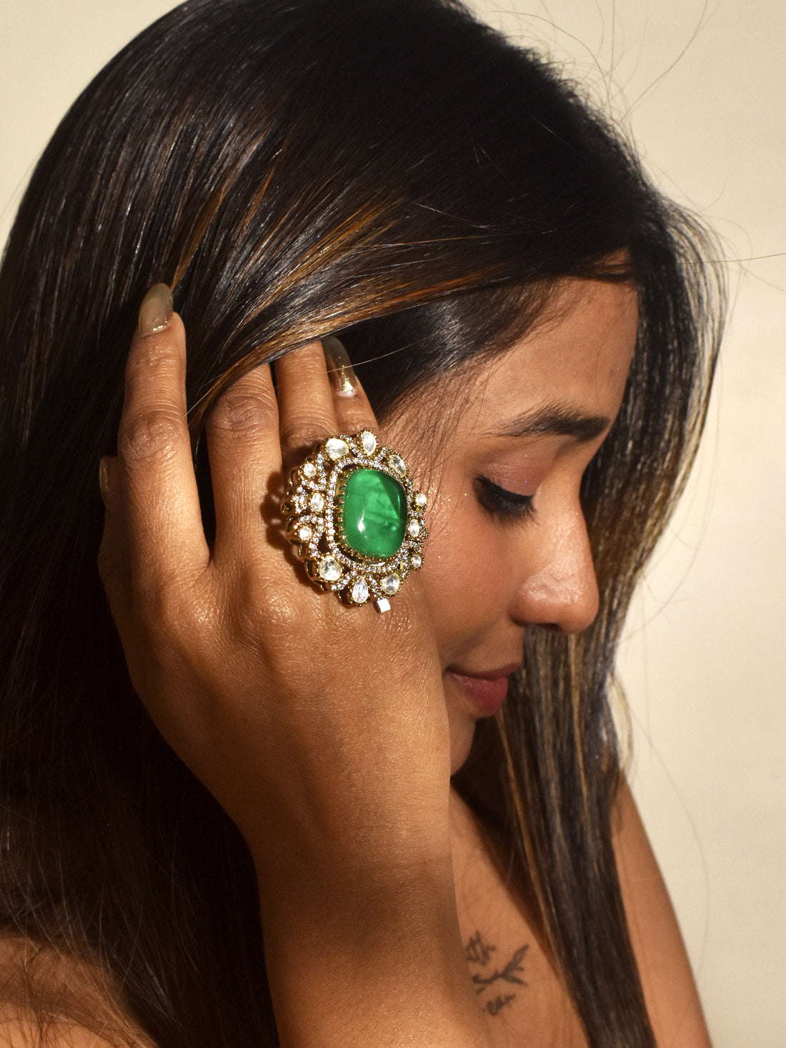 Kundan Finger Ring | Green Finger Ring