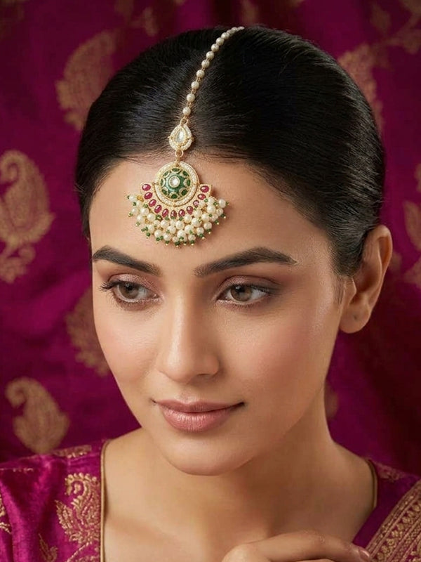 Kundan maang tikka with pearl drops | green meenakari & ruby red stone bridal kundan maang tikka