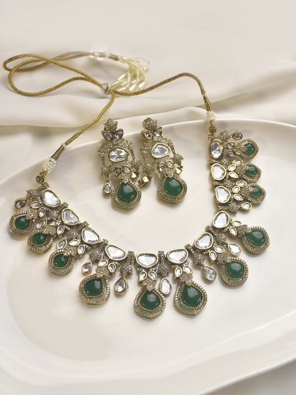 Kundan Necklace Set with Green Stone 