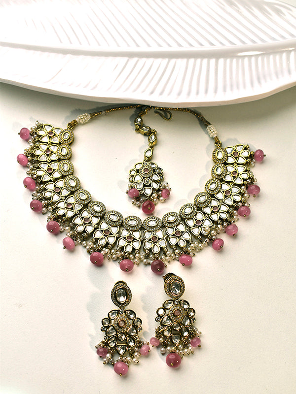 Kundan Necklace Set with Pink Beads 