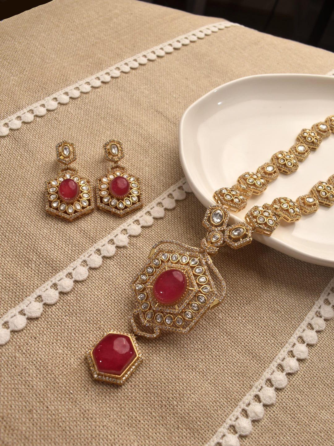 Kundan Necklace With Red Stone Pendant Set | Ornate Golden Necklace with Red Gemstones 