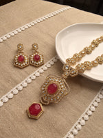 Load image into Gallery viewer, Kundan Necklace With Red Stone Pendant Set | Ornate Golden Necklace with Red Gemstones 
