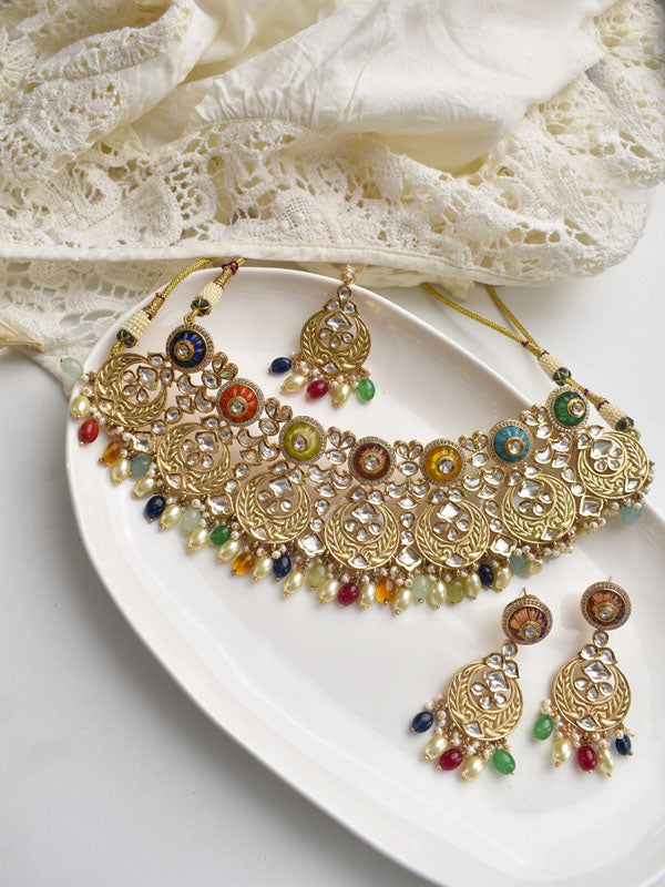 Kundan Necklace set with Multi Colour Stone | Stylish Kundan Necklace set with Beadeds