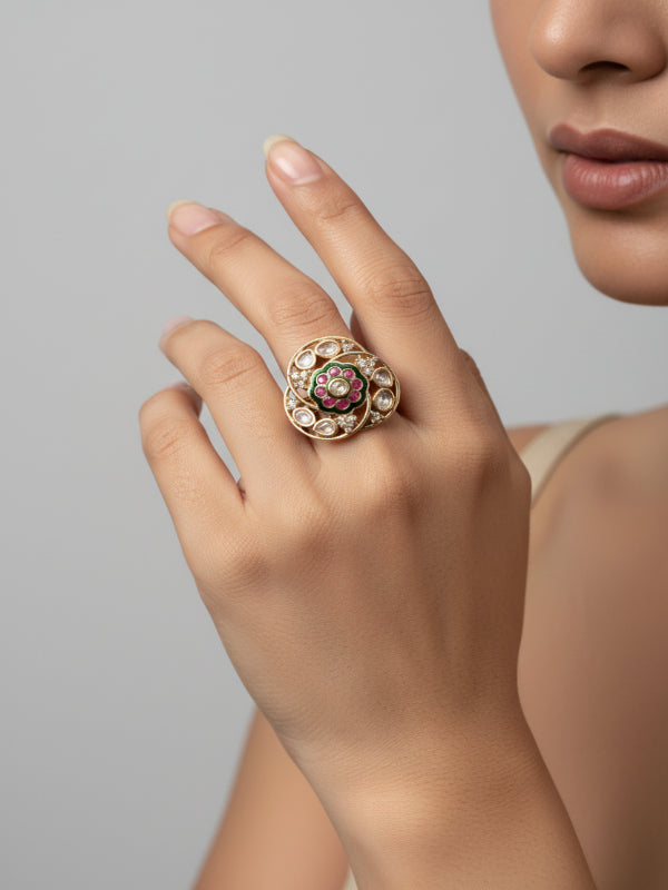 Kundan Ring with Vibrant Ruby-Pink Stones