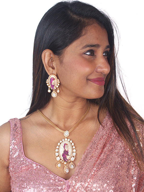Kundan Style Pearl Bird Drop Pendant | Stylish Pendant Necklace Set