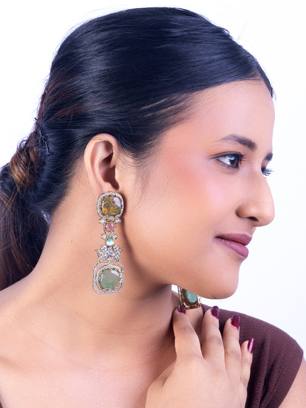 Large drop earring with oval green and yellow stones