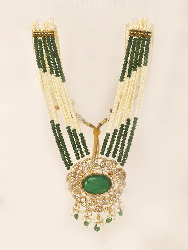 Long Beaded Kundan Pendant Necklace | Green Kundan Necklace