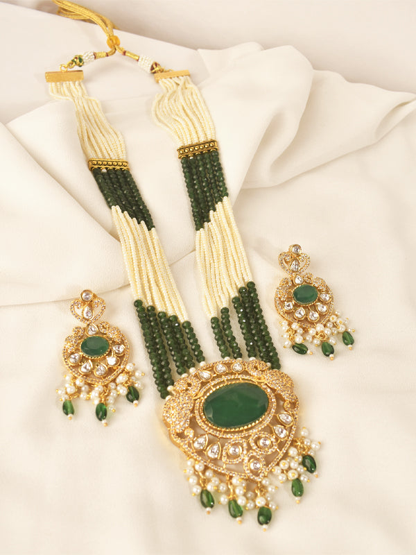 Long Beaded Kundan Pendant Necklace | Green Kundan Necklace
